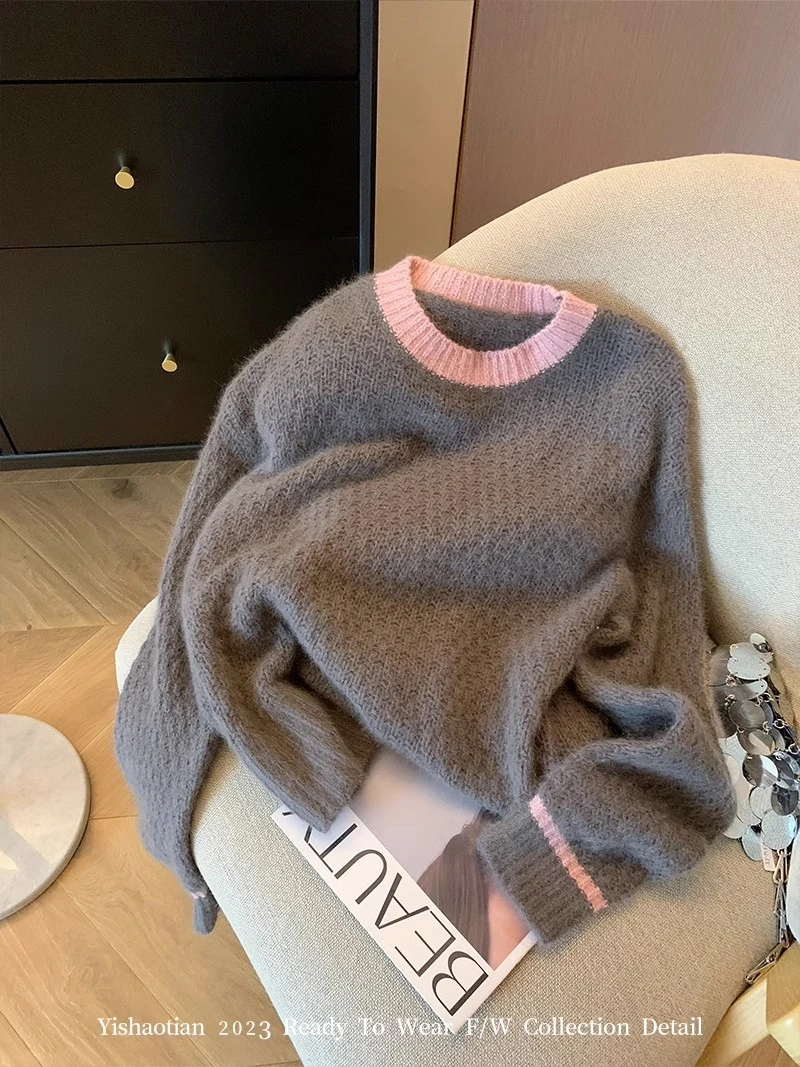 慵懒风拼色圆领软糯针织打底衫女秋冬季宽松休闲百搭洋气套头毛衣