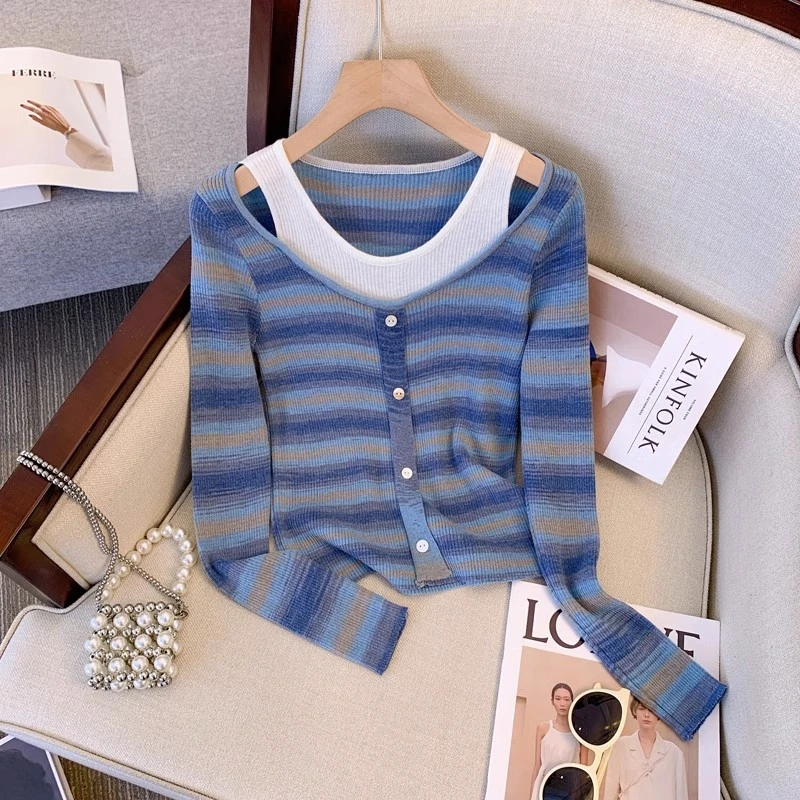 设计感条纹假两件露肩长袖针织衫女早秋季短款修身内搭打底衫上衣