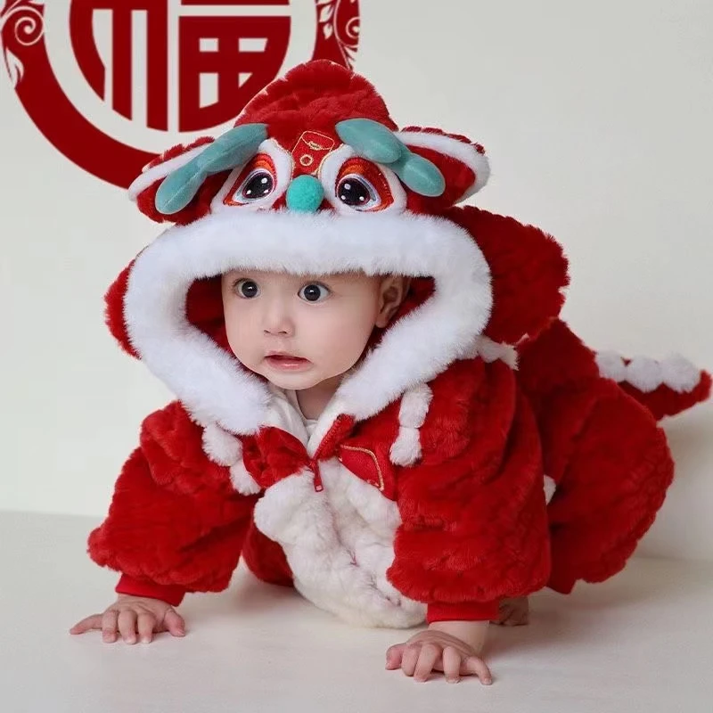 新生婴儿儿秋冬季新年过年拜年服喜庆衣服纹龙宝宝冬装连体衣红色