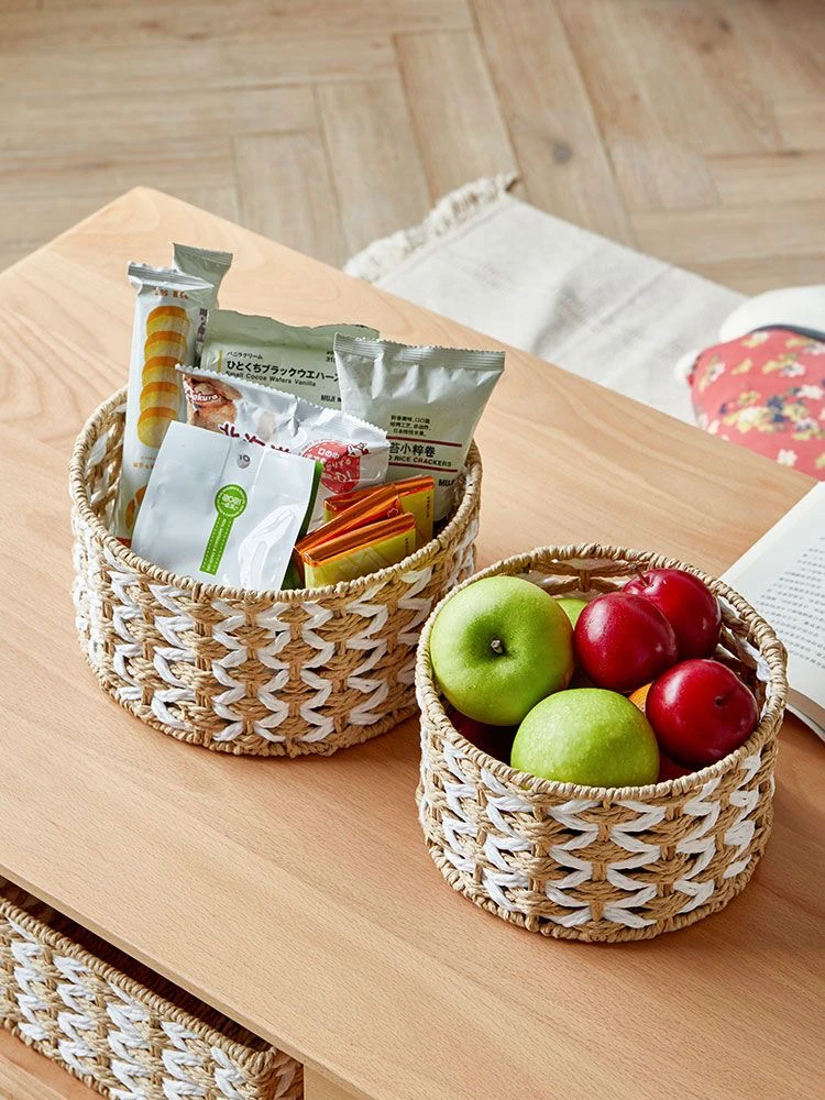 手工纸绳草编拼色收纳筐零食筐家用日式圆形北欧化妆品藤编