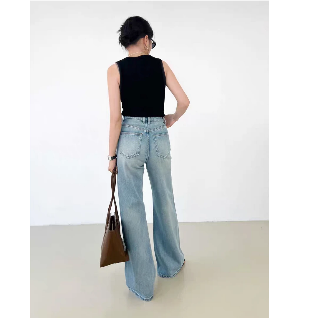 25春秋时尚新款大牌风高腰提臀林允儿同款水洗休闲宽松牛仔阔腿裤