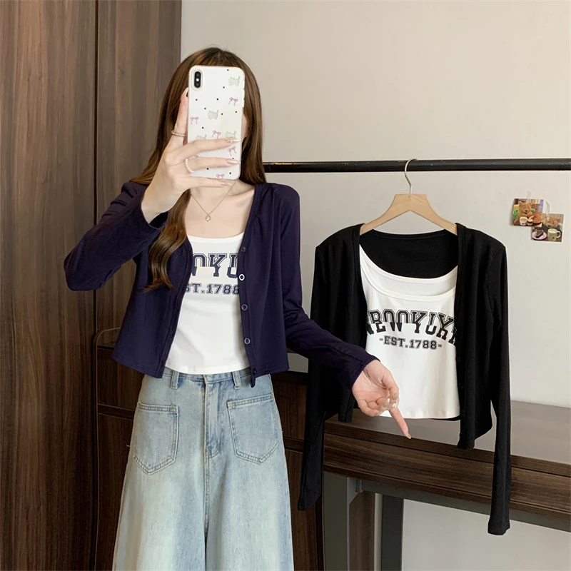 Q【小曹大码】24秋季新款字母吊带背心长袖外套两件套-YUX1527