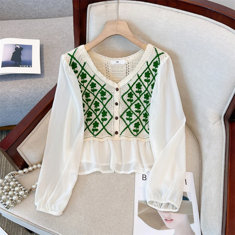 秋新款大码复古甜美百搭宽松钩花网纱拼接长袖上衣女-MSLF09696