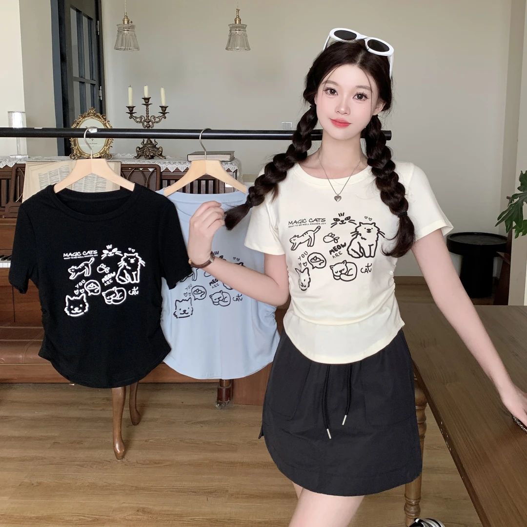 大码女装夏季新款时尚百搭休闲修身收腰动漫短袖T恤上衣-YUX1368