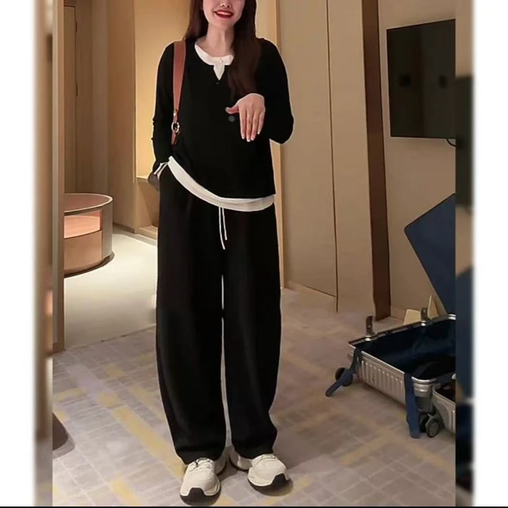 【小曹大码】磨毛T恤假两件休闲百搭圆领拼接套头套装-DACZ99619