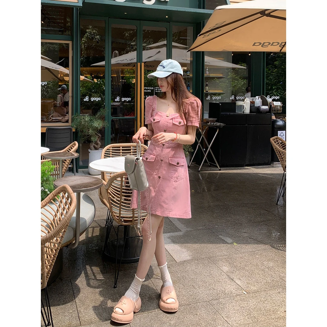 大码女装气质翻领口袋牛仔时尚百搭连衣裙胖MM藏肉牛仔裙-LK3001