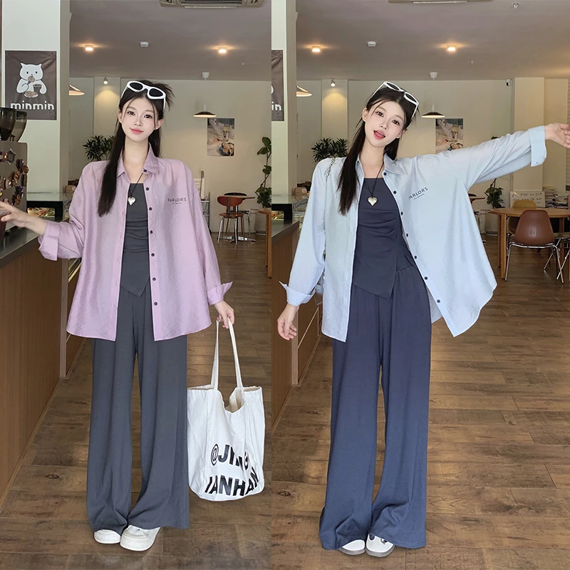 大码微胖女收腰吊带直筒阔脚裤宽松衬衣三件套-YSDM2778