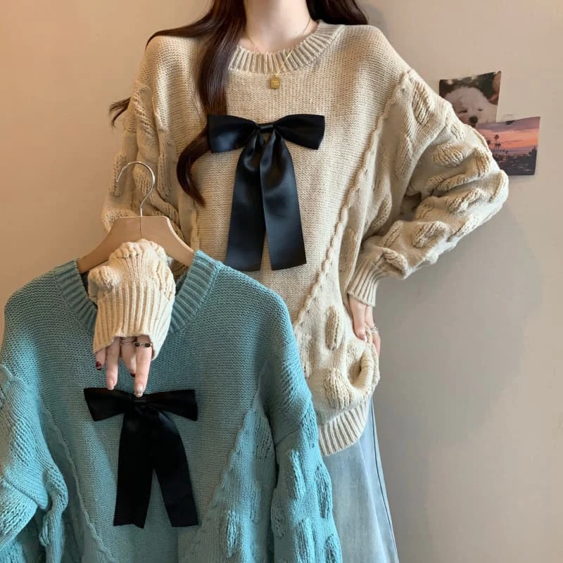 【小曹大码】重工立体钩花毛衣减龄宽松显瘦灯笼袖针织衫-XUNX6248