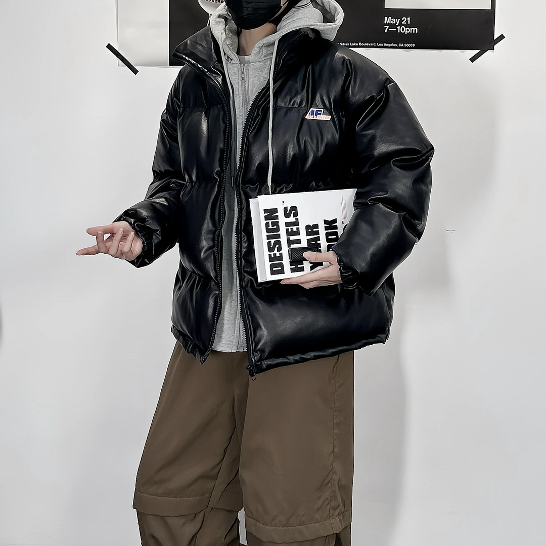 潮牌冬装假两件加厚棉服男女同款百搭宽松PU皮保暖棉衣外套面包服