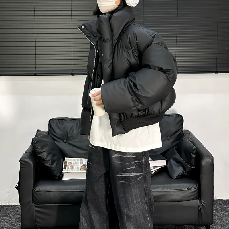 美式冬季复古PU皮宽松短款棉服男女立领小众高级加厚外套情侣棉衣