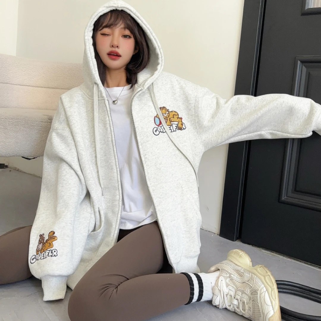 加菲猫重工刺绣加绒加厚连帽开衫外套女宽松百搭休闲外套帽衫韩版