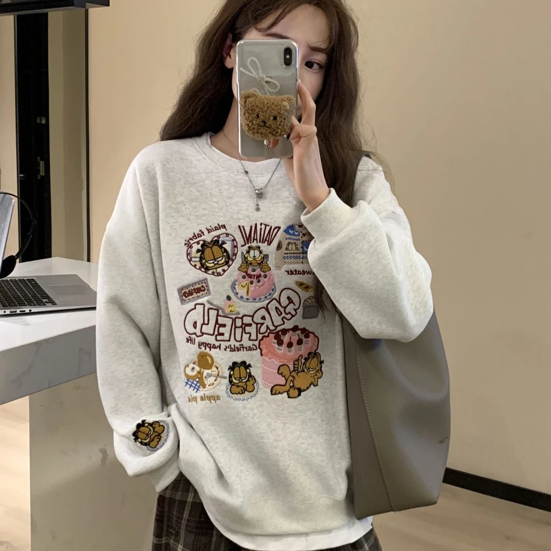 16703加绒加菲猫正品刺绣宽松假两件圆领中长款长袖卫衣女套头衫