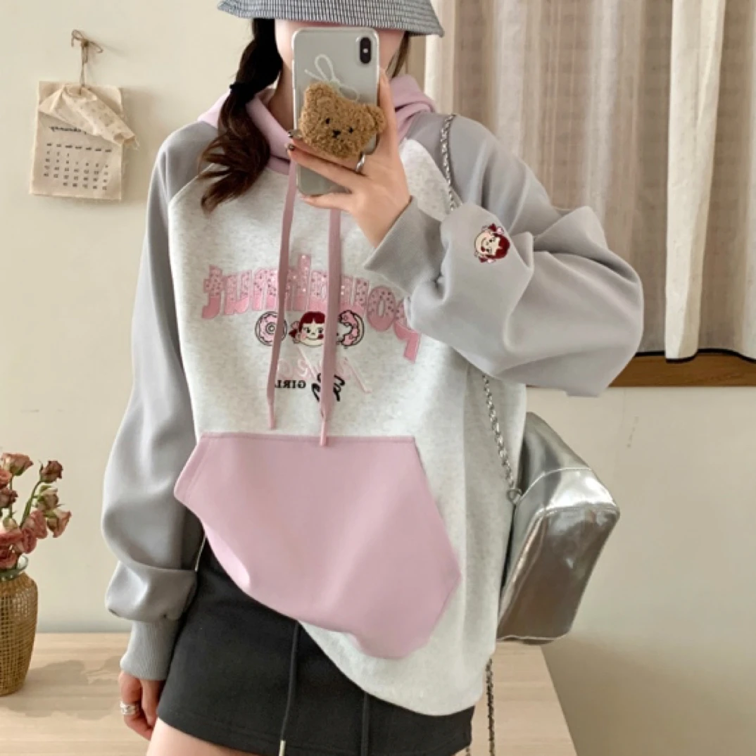 不er家刺绣拼色插肩袖连帽卫衣宽松韩版长袖套头帽衫女宽松百搭衫