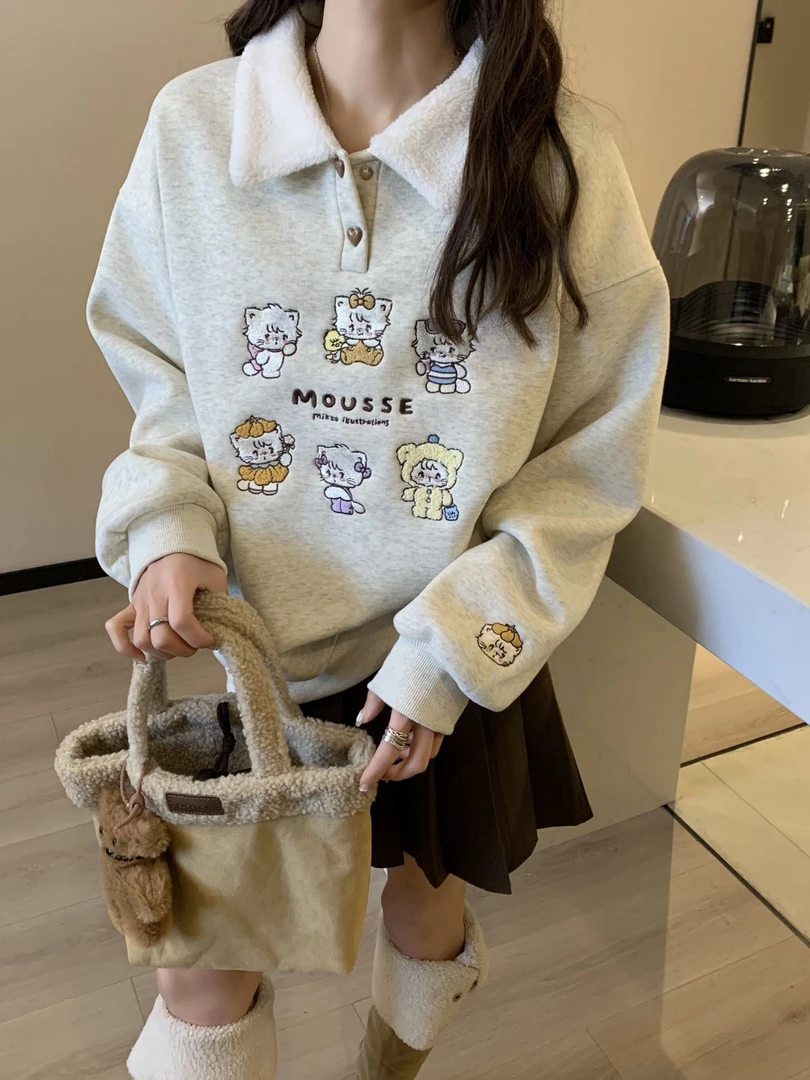 猫咪重工刺绣加绒加厚超软毛毛领翻领Polo宽松休闲卫衣韩版女套头