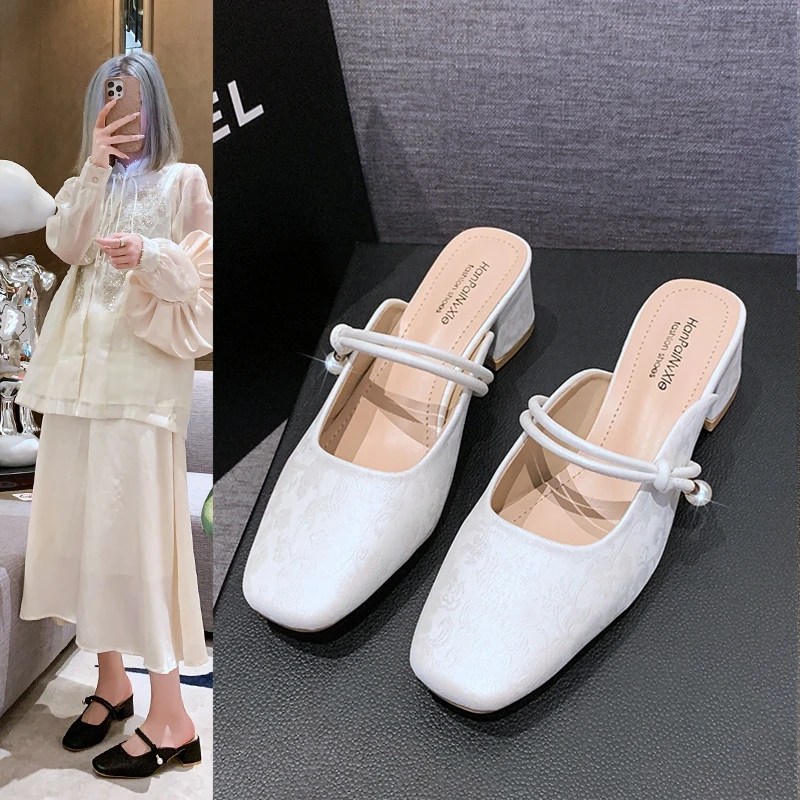 新中式半拖女夏季包头拖粗跟玛丽珍鞋绣花配短裙旗袍马面裙派WK21