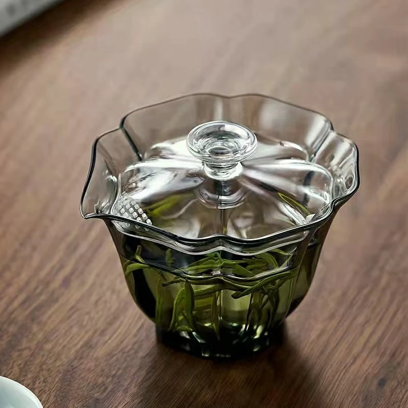 百财花瓣玻璃盖碗茶杯耐热透明盖碗单个泡茶碗功夫茶具家用冲茶碗