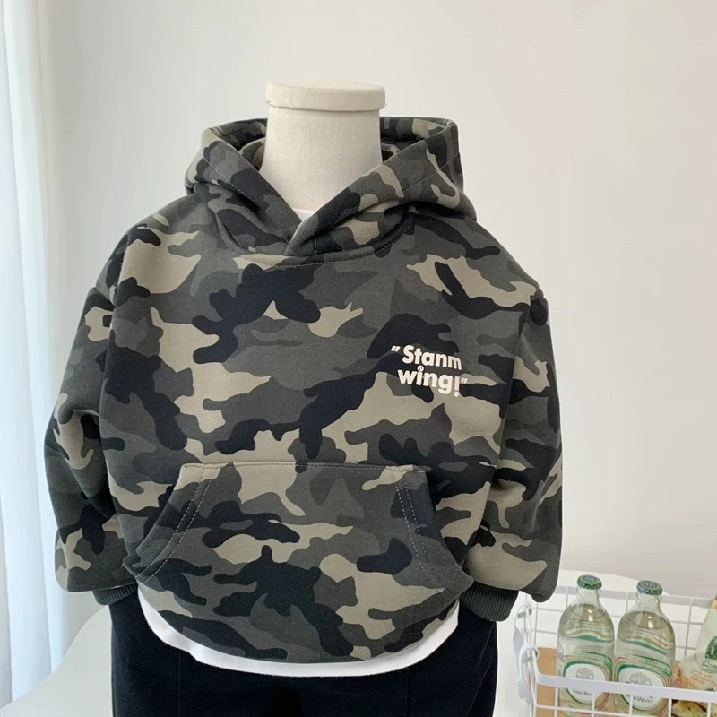 男童加绒连帽卫衣秋冬装男孩迷彩帅气长袖小童休闲儿童棉套头衫