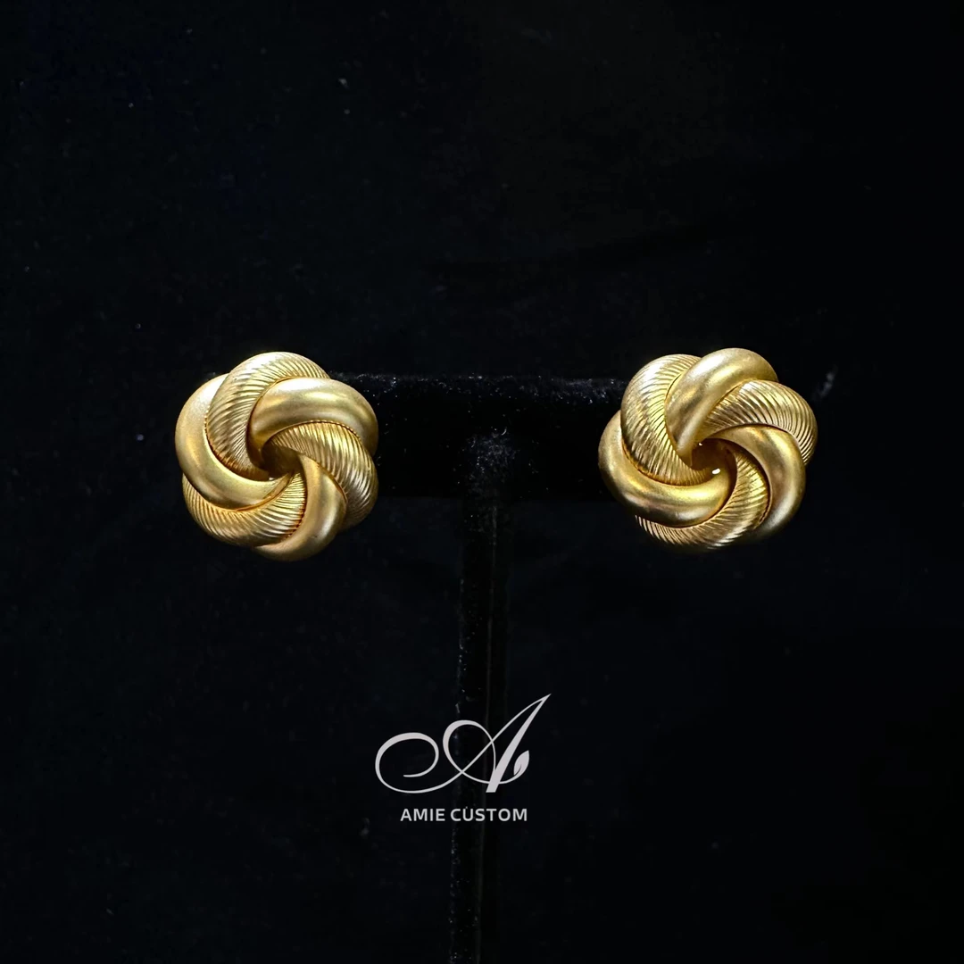 合金耳饰 中古简约气质素金编织打标款耳饰经典法式金色轻奢时尚