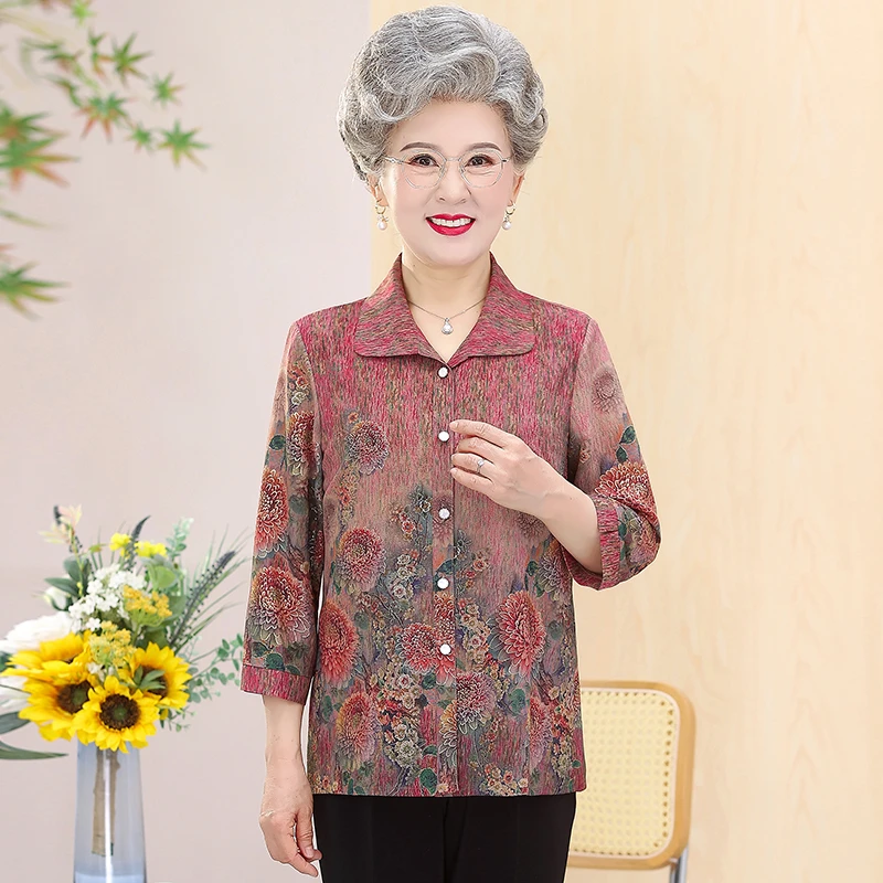 中老年洋气妈妈装七分袖宽松薄款衬衫气质奶奶长袖女上衣大码女装