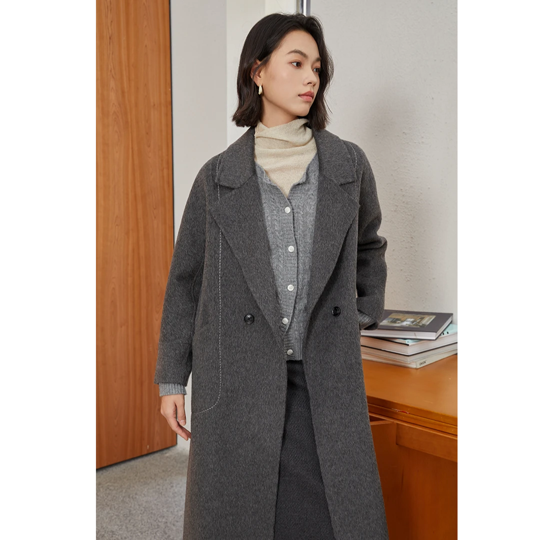 【冬日暖阳】曼贝纯澳毛100%高端双面呢大衣女中长款秋冬8484089