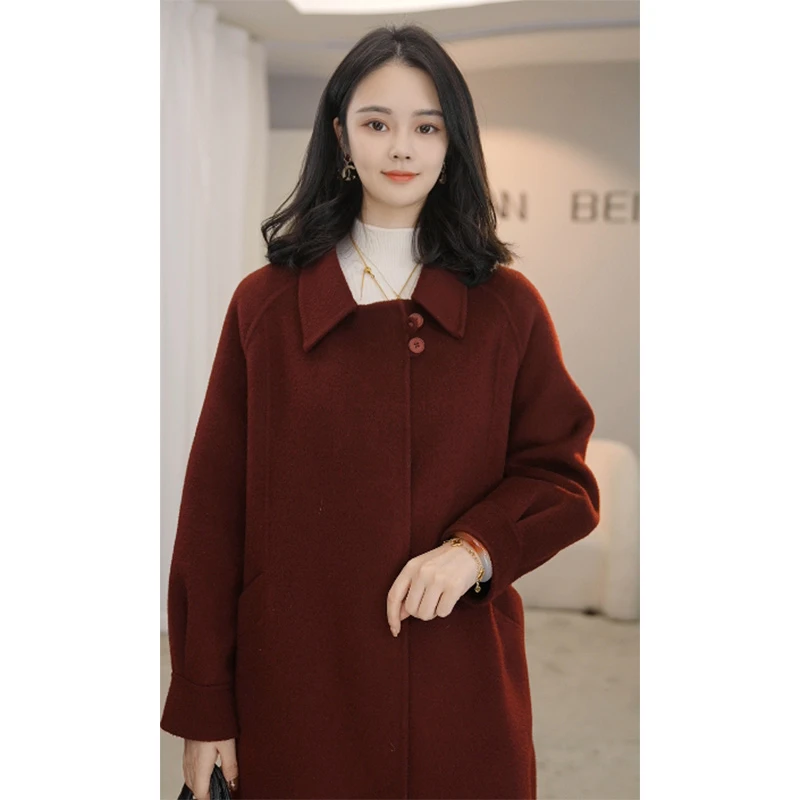 曼贝纯澳毛100%双面毛呢大衣冬新款高端时尚8484008安哥拉红