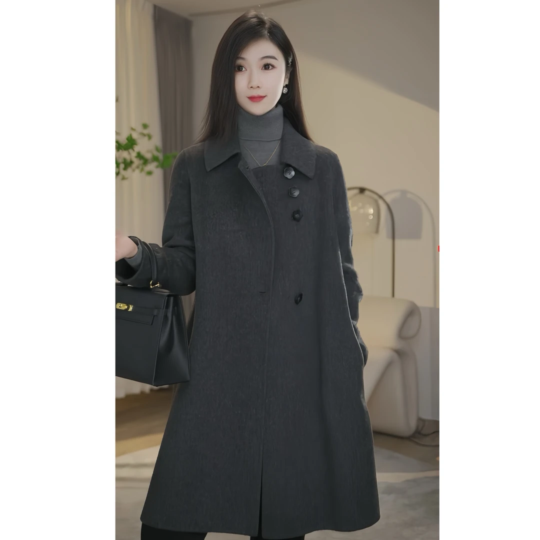 【冬日暖阳】曼贝深灰色秋冬新款高端百搭时尚双面羊毛大衣8484256