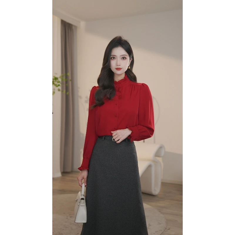 【婷婷甄选】欧若风2025年新春安可拉红衬衫女士高级显瘦8493361