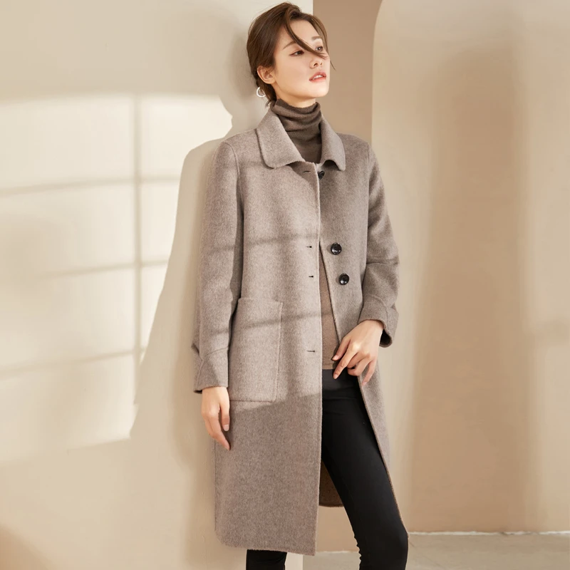 【七七甄选】9284003高端双面呢女中长款秋冬时尚长袖棉羊毛外套