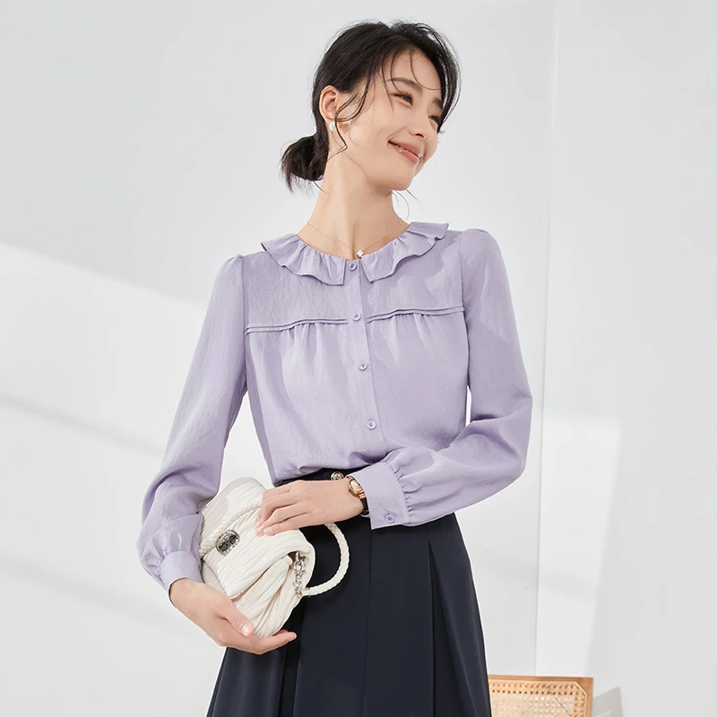 【曼贝宠粉节】新款8393156灰紫色气质衬衫衬衣秋季设计感荷叶边