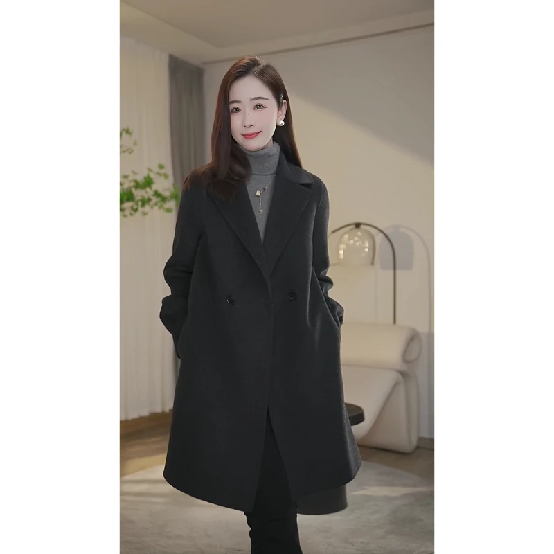 【冬日暖阳】曼贝碳灰色秋冬新款高端百搭时尚双面澳毛大衣8484566