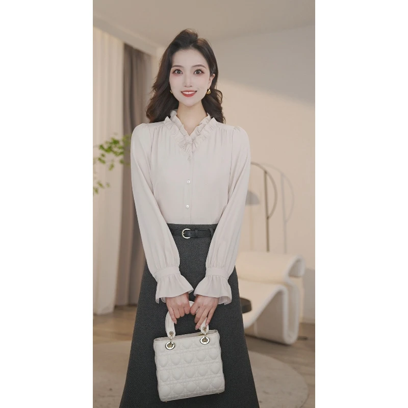 【小北甄选】欧若风8591040法式衬衣燕麦米色时尚衬衫女长袖百搭