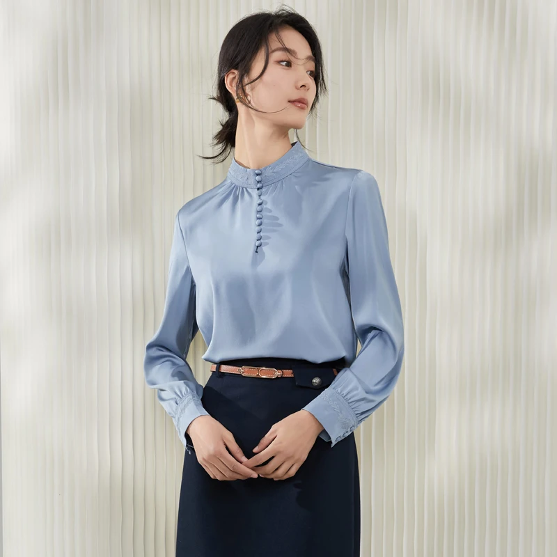 【曼贝宠粉节】90074-1蓝色秋季新款长袖时尚中式印花小众气质衬衣