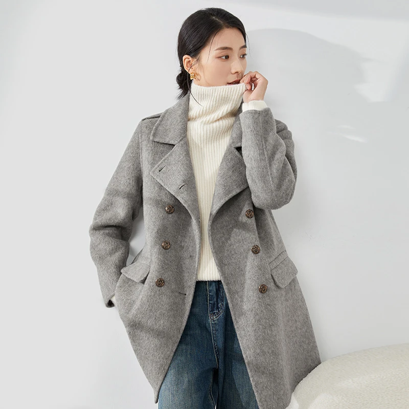 【冬日暖阳】8284076秋冬双面高端羊毛大衣长款双排扣女通勤外套