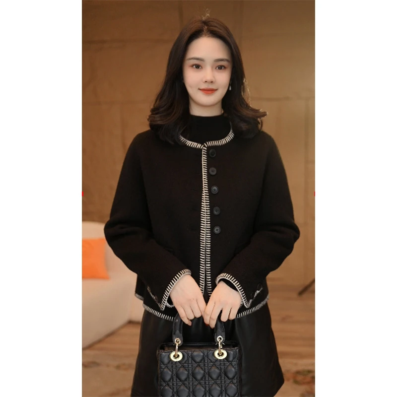 曼贝纯澳毛100%双面毛呢大衣冬新款高端时尚气质8484001黑色