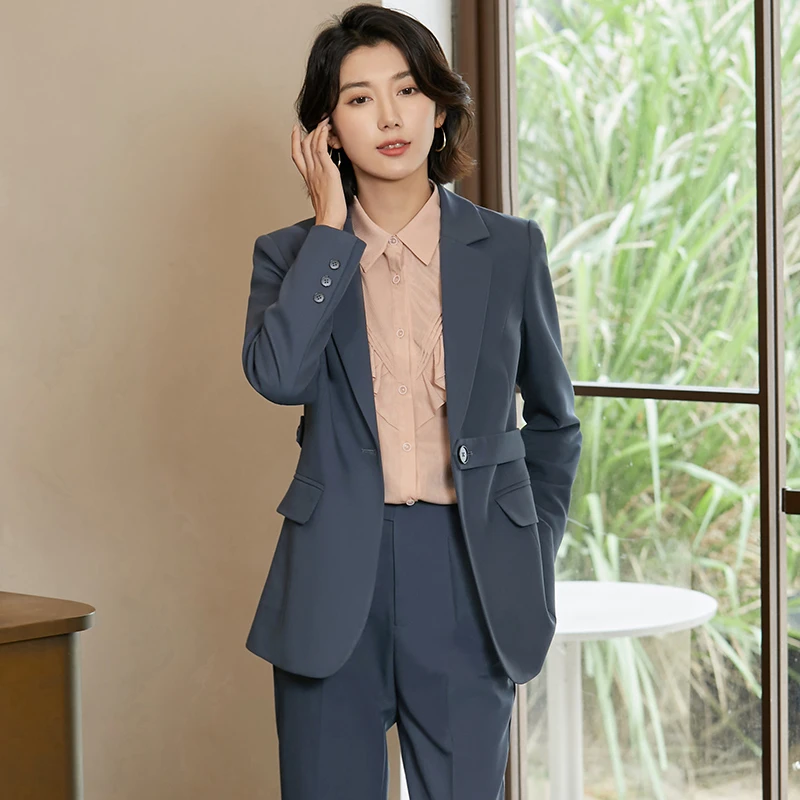 【小北甄选】曼贝8253010秋季长袖显瘦青暮灰蓝外套小西装