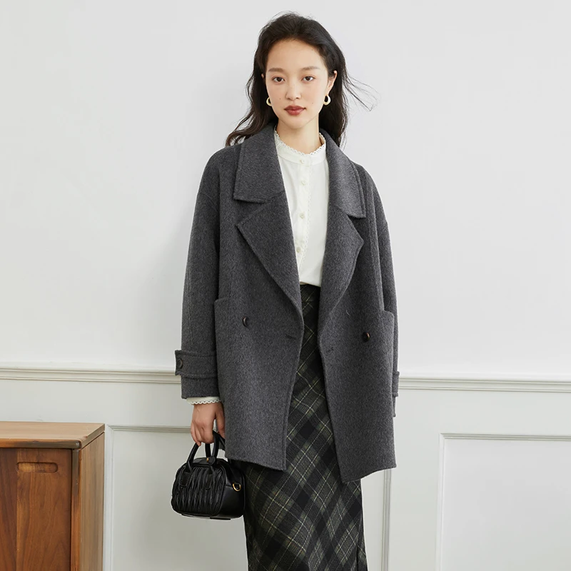 【杨杨专属】曼贝8484065深灰色中长款绵羊毛大衣高端气质时尚外套