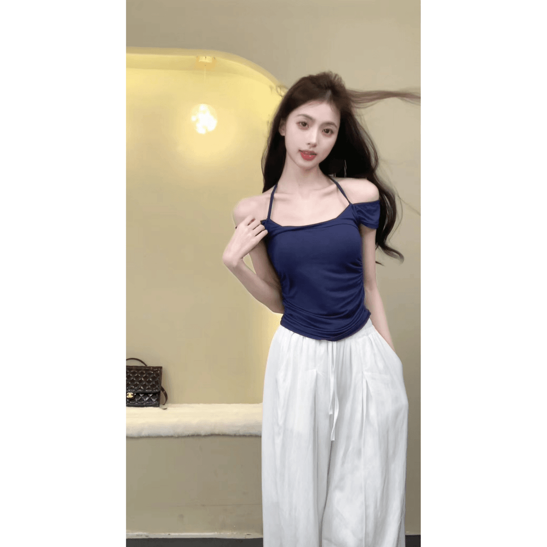 性感辣妹大U领拼接挂脖短袖T恤女夏季新款修身显瘦高级感打底上衣