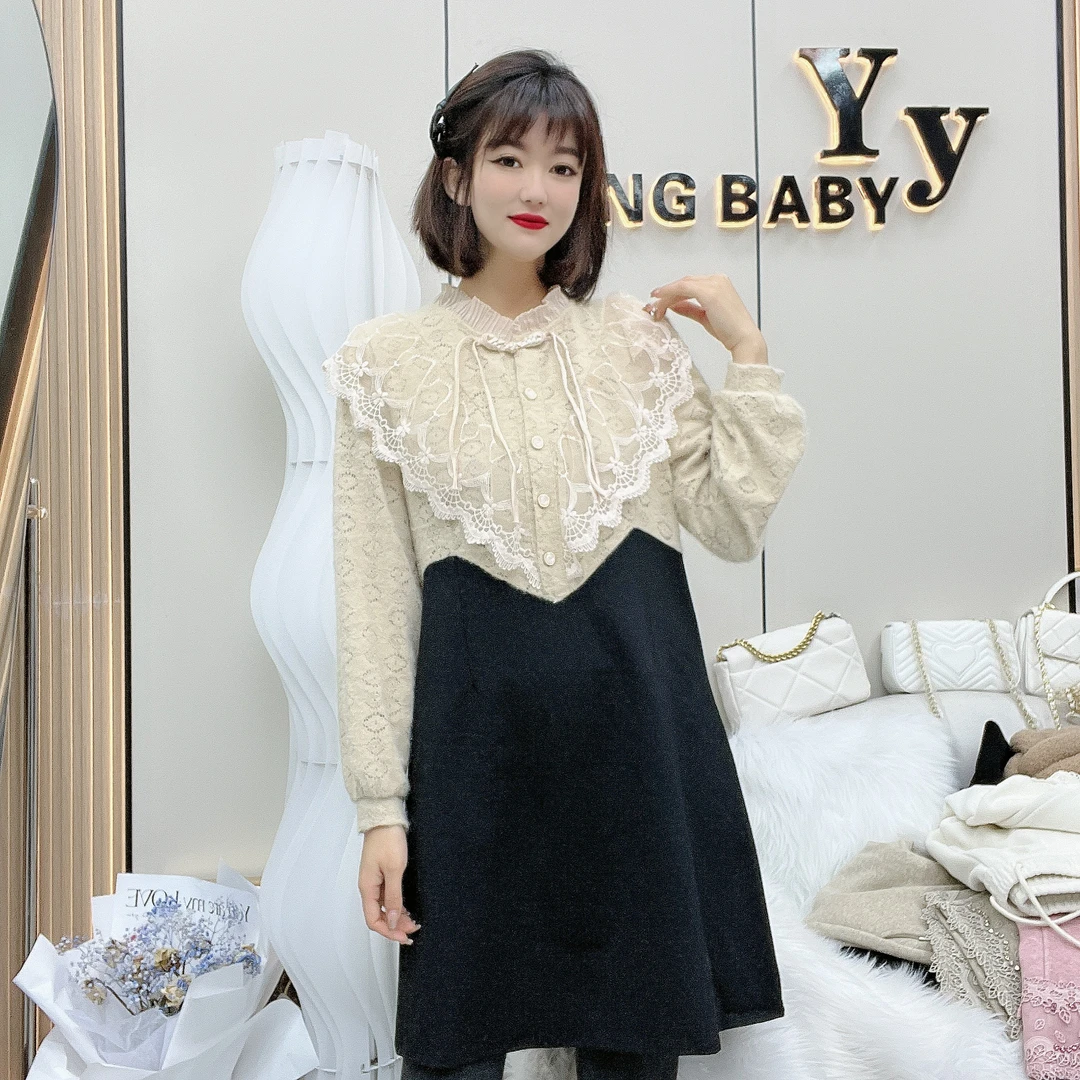 YY大码[蕾丝控]气质百搭长袖拼接显瘦连衣裙洋气时尚中长裙