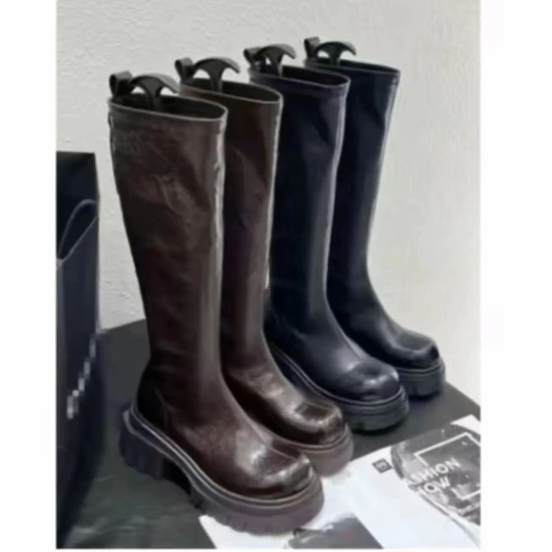 YY大码(高腰靴头)时尚百搭洋气四季骑士长筒英伦风厚底过膝靴