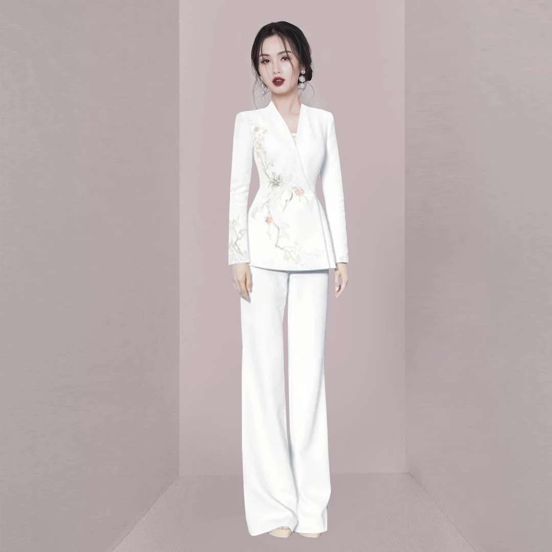 新中式女装中国风白色印花西装套装新款春秋穿搭一整套职业工装