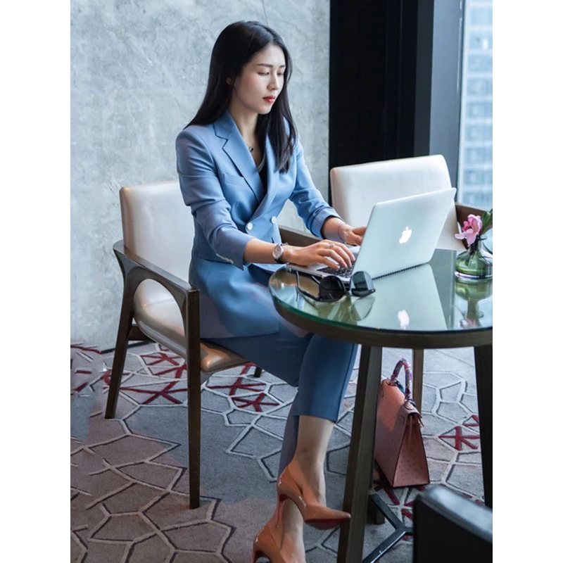 蓝色小香风职业西装套装女气质春秋款时尚正装小西服九分裤两件套