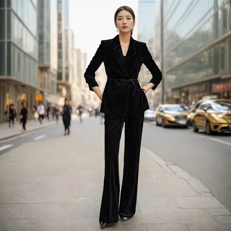 气场强大女装新中式国风盘扣西装套装女秋冬黑色金丝绒西服工作服