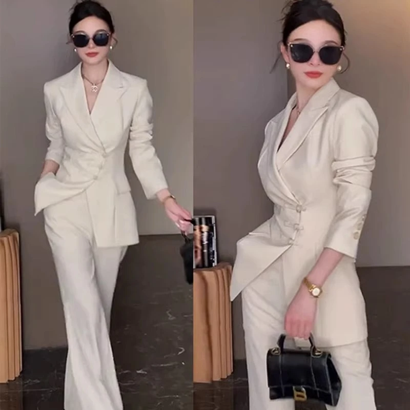端庄大气女装套装轻奢高级感新中式国风女装白色套装西装微喇长裤