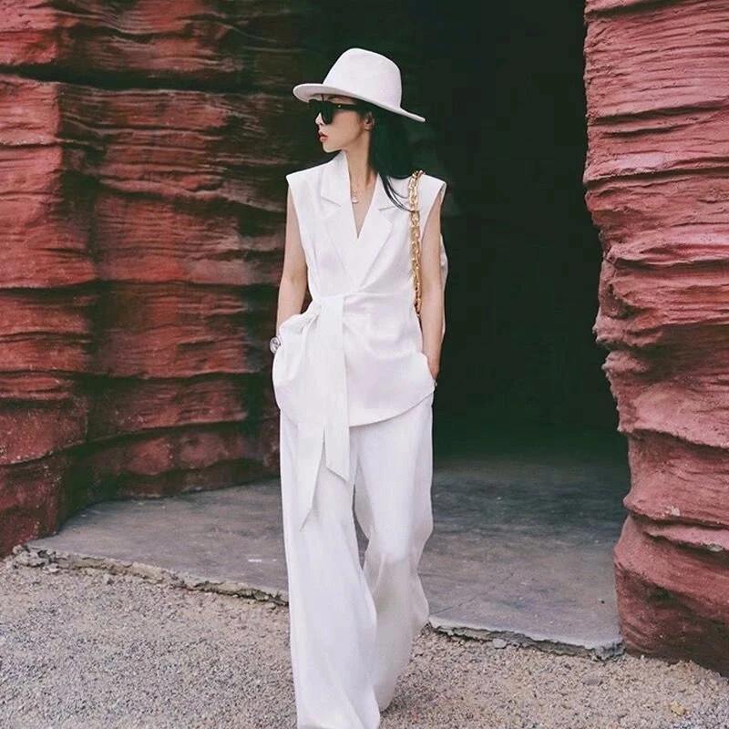 时尚阔腿裤无袖西装背心套装女高级感夏季薄款洋派系带上衣两件套
