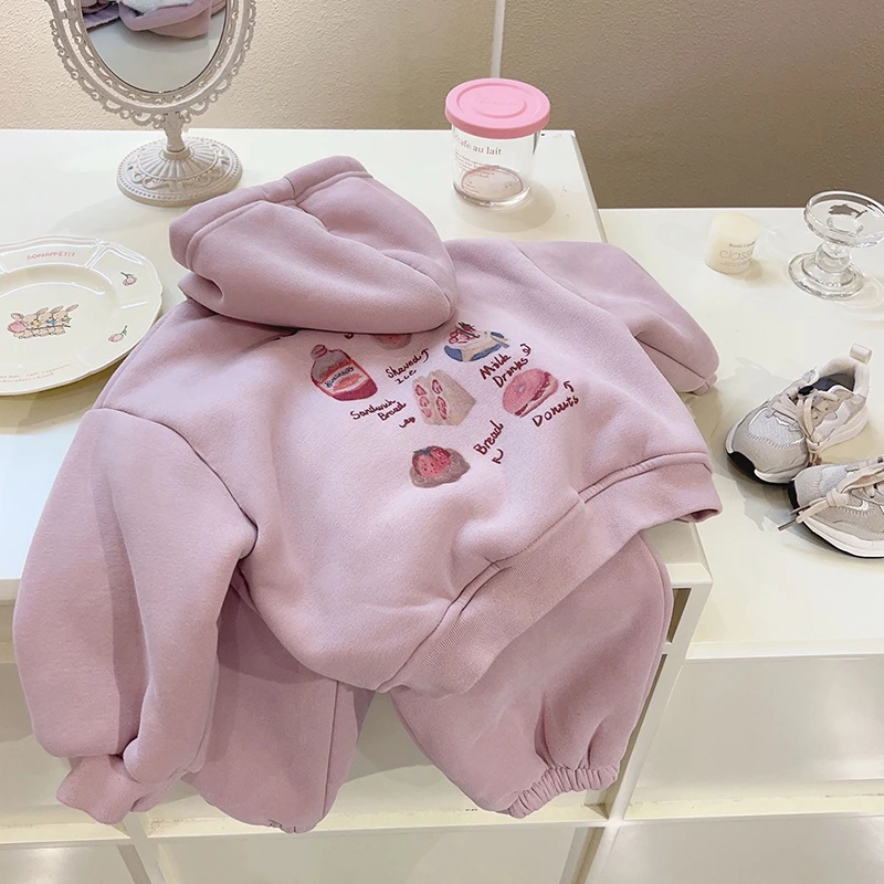 女童连帽加绒套装秋冬2025新款韩版厚绒开衫外套宝宝幼儿园两件套