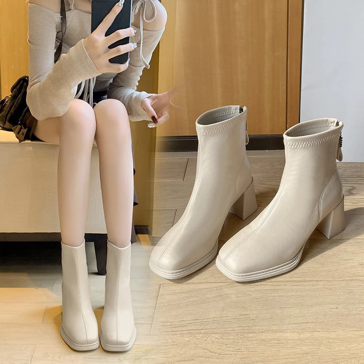 粗跟法式百搭小短靴女2024年新款秋冬季高跟瘦瘦靴加绒靴子马丁靴