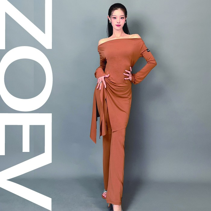 ELLA-D拉丁舞服新款一字肩长袖不规则罩衫微喇高弹裤套装性感