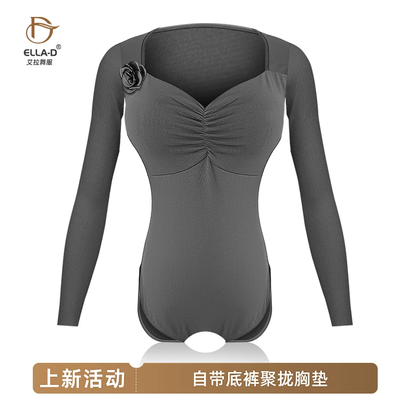 ELLA-D拉丁舞服玫瑰小花网纱长袖上衣自带胸垫底裤无痕国标舞上衣
