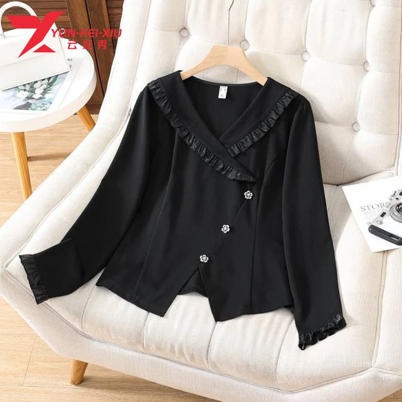 云妃秀大码女装衬衫休闲修身V领胖妹妹拼接日常显瘦秋季21035
