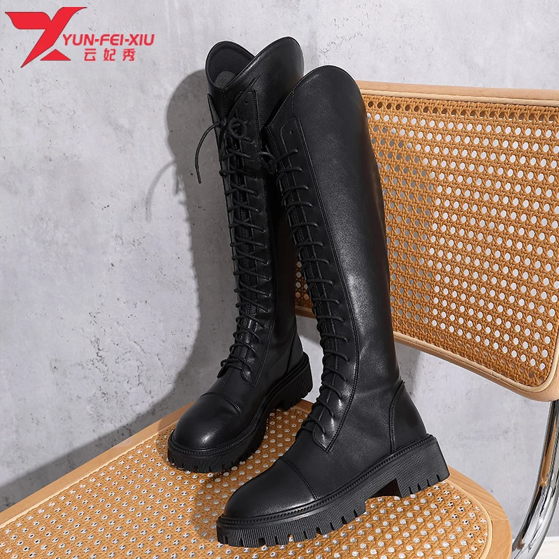 云妃秀大码女装气质百搭长筒时尚高筒洋气厚底增高马丁靴3901-2
